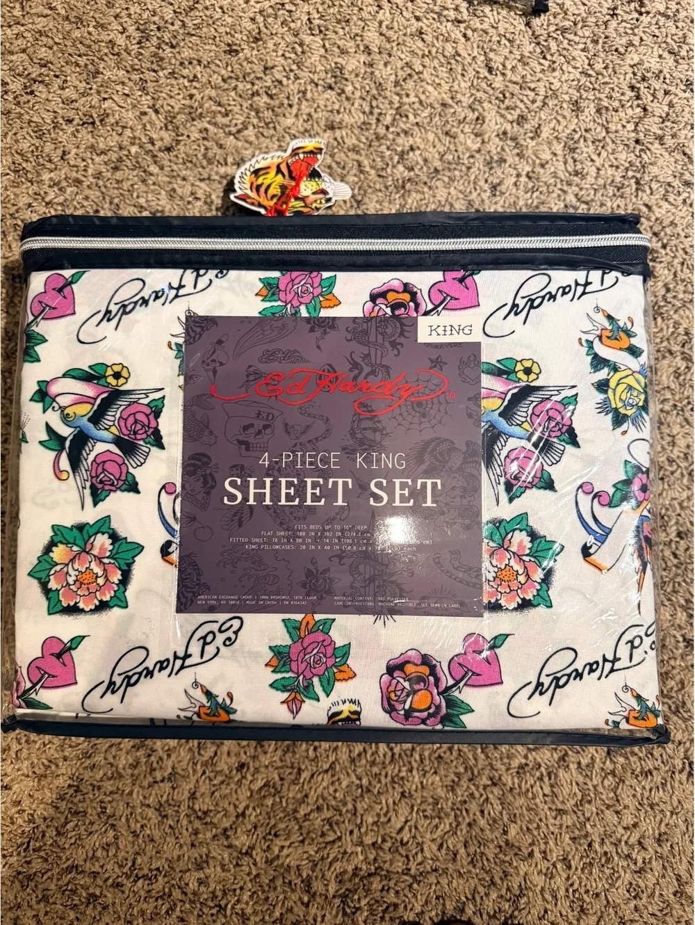 Ed Hardy King 4 Piece Sheet Set White Tattoo Floral Y2K NWT
